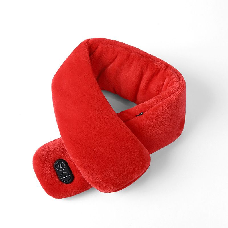 Red Plush USB Heated Massage Neck Scarf with 3 Temp & 3 Vibration Massage Modes