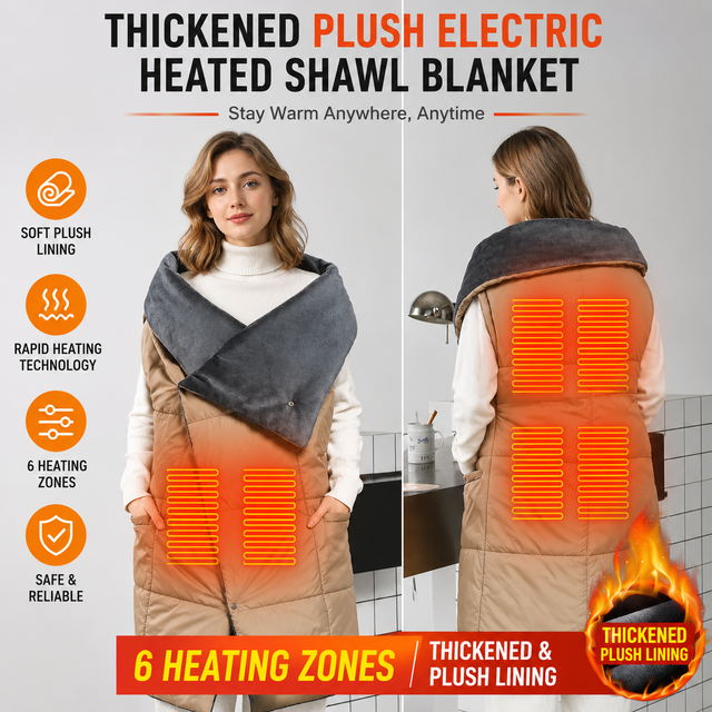 Khaki Wearable Heated Blanket Shawl for Women - USB Powered Electric Heating Wrap with 6 Carbon Fiber Heating Zones, 3 Temp Levels and Washable Multi Use Design