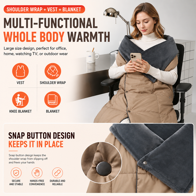 Khaki Wearable Heated Blanket Shawl for Women - USB Powered Electric Heating Wrap with 6 Carbon Fiber Heating Zones, 3 Temp Levels and Washable Multi Use Design