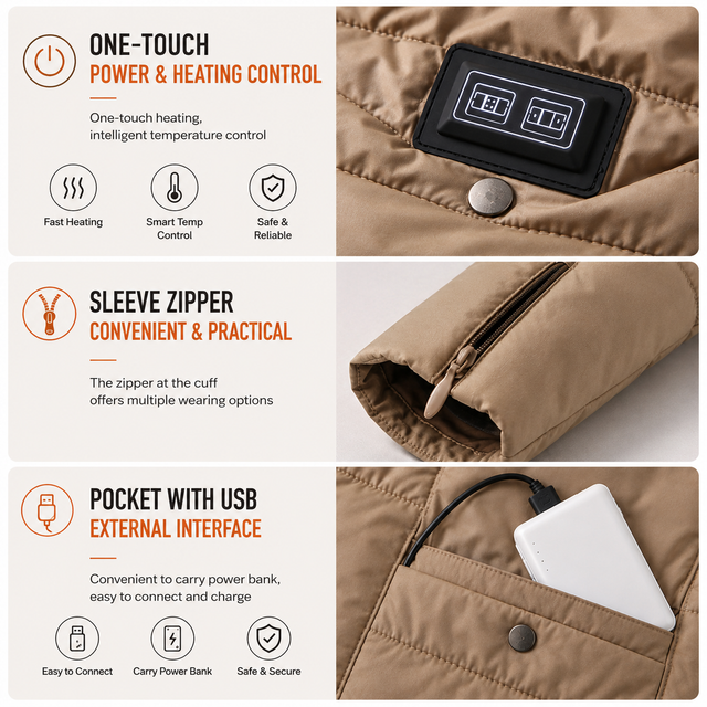 Khaki Wearable Heated Blanket Shawl for Women - USB Powered Electric Heating Wrap with 6 Carbon Fiber Heating Zones, 3 Temp Levels and Washable Multi Use Design