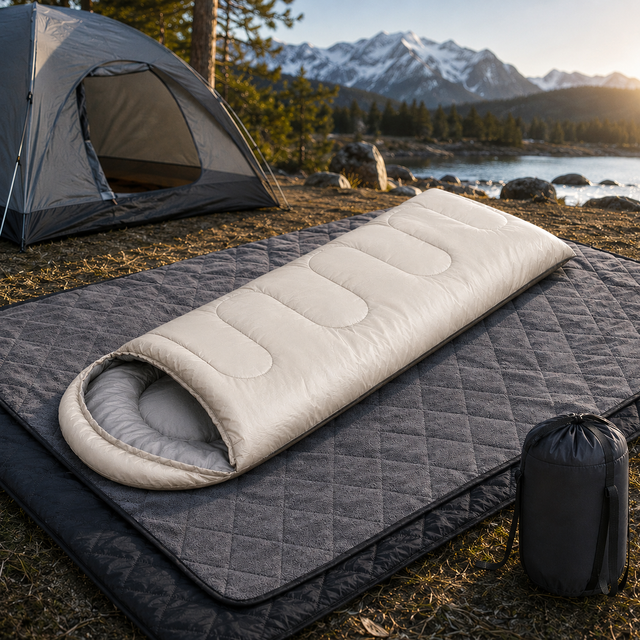 2-in-1 Winter Camping Sleeping Bag & Blanket Set - Beige/Black