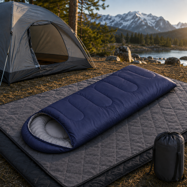 2-in-1 Winter Camping Sleeping Bag & Blanket Set - Navy/Black