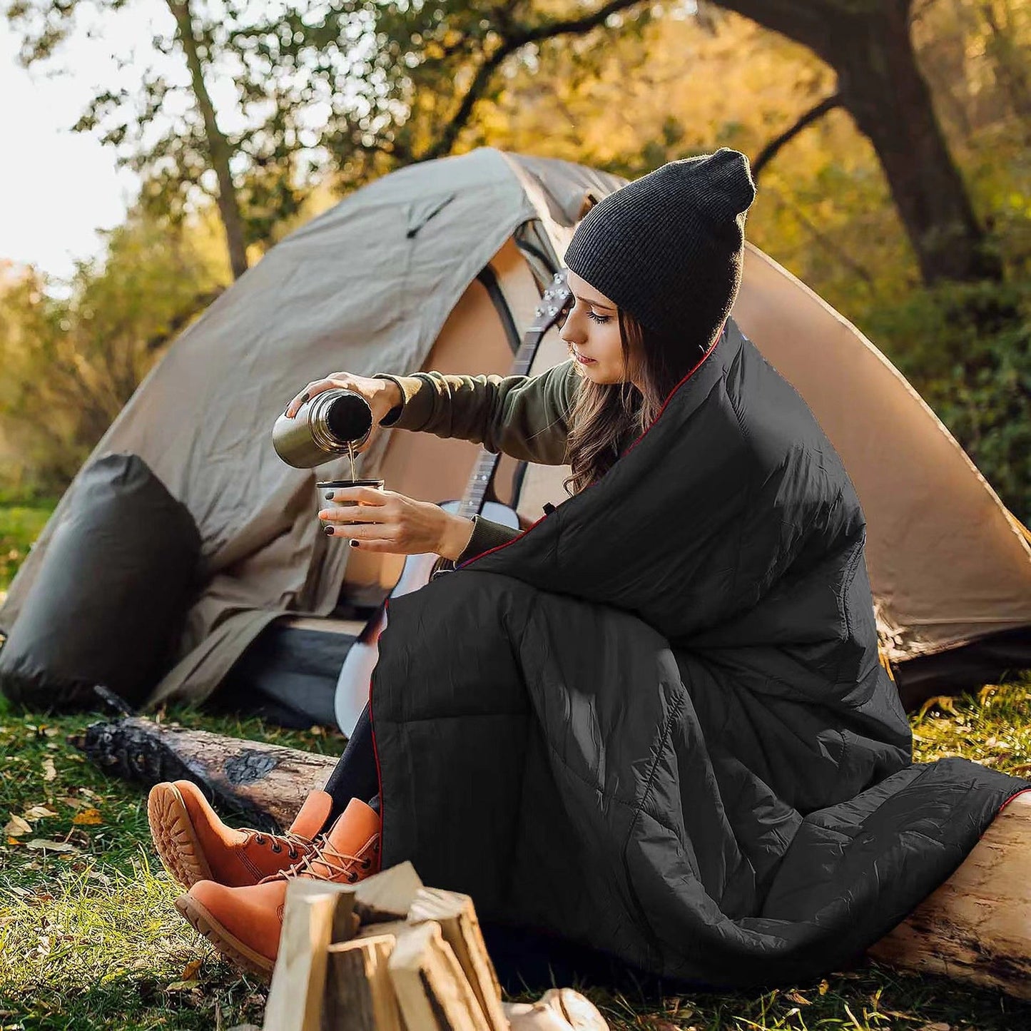 Black Wearable Camping Blanket with Storage Bag - 200 x 140cm