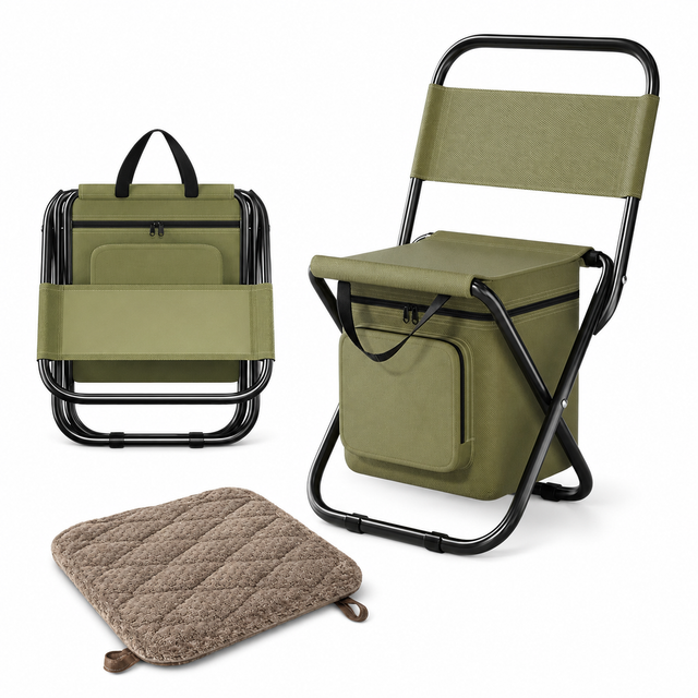 Green Folding Camping Chair with Cooler Bag & Cushion