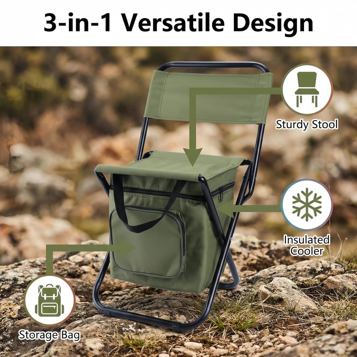 Green Folding Camping Chair with Cooler Bag & Cushion