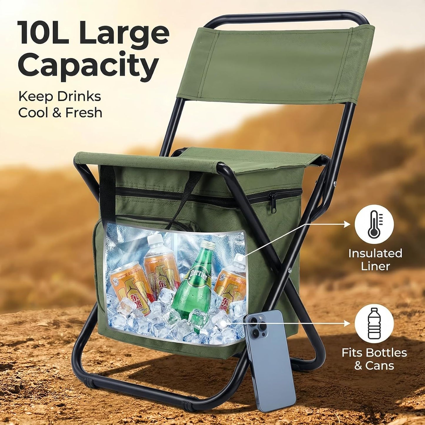 Green Folding Camping Chair with Cooler Bag & Cushion