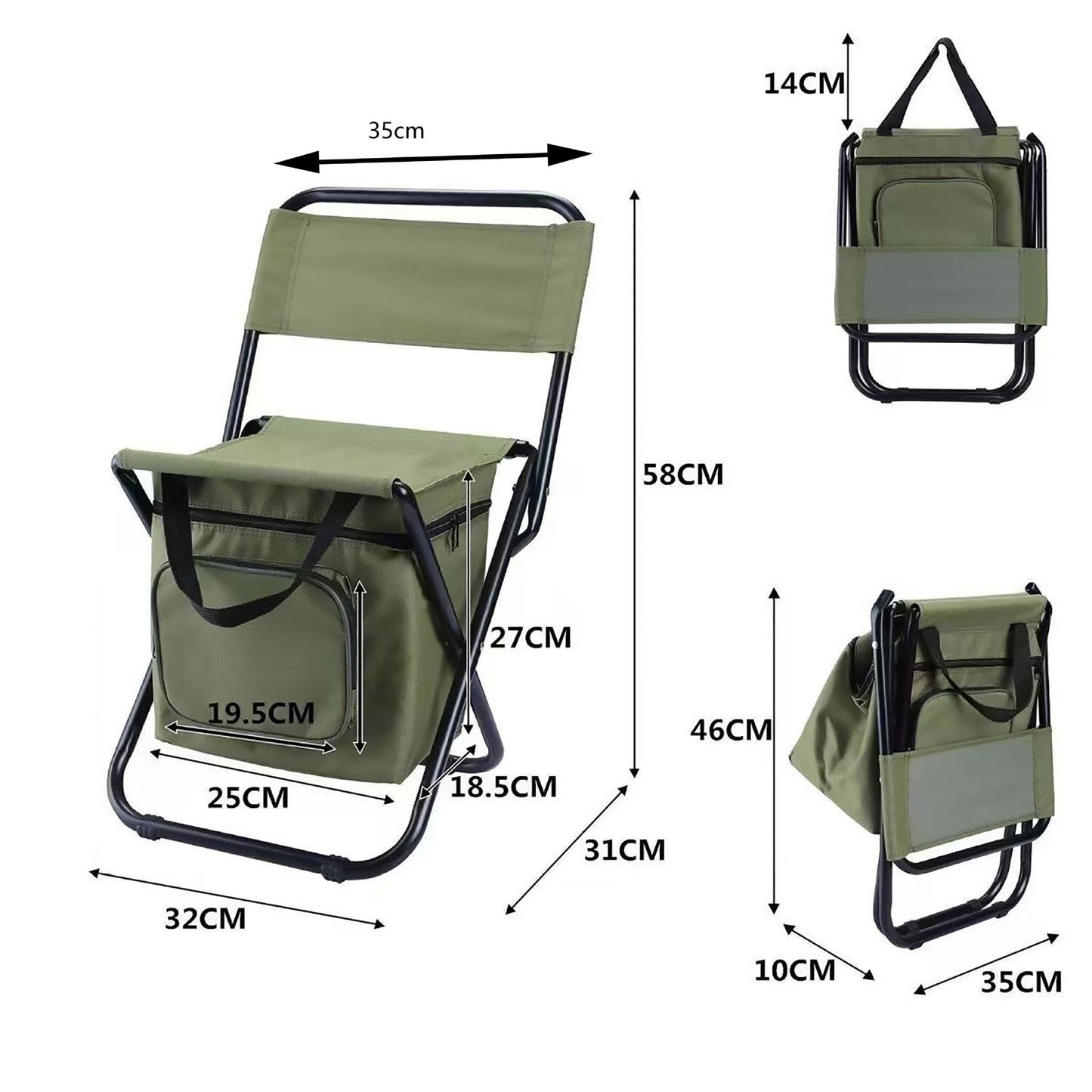 Green Folding Camping Chair with Cooler Bag & Cushion