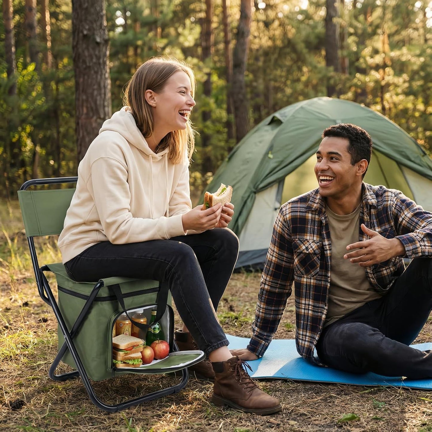 Green Folding Camping Chair with Cooler Bag & Cushion