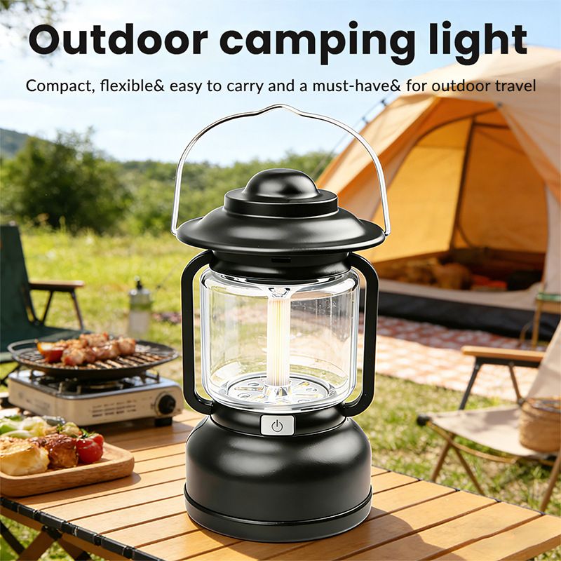 Black Vintage USB-C Rechargeable LED Camping Lantern