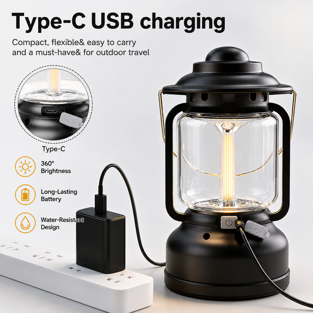 Black Vintage USB-C Rechargeable LED Camping Lantern