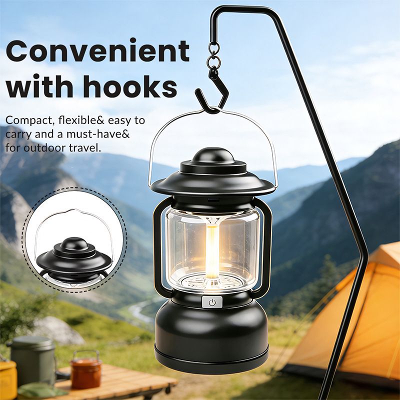 Black Vintage USB-C Rechargeable LED Camping Lantern