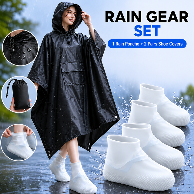 3-in-1 Camping Rain Poncho - Black