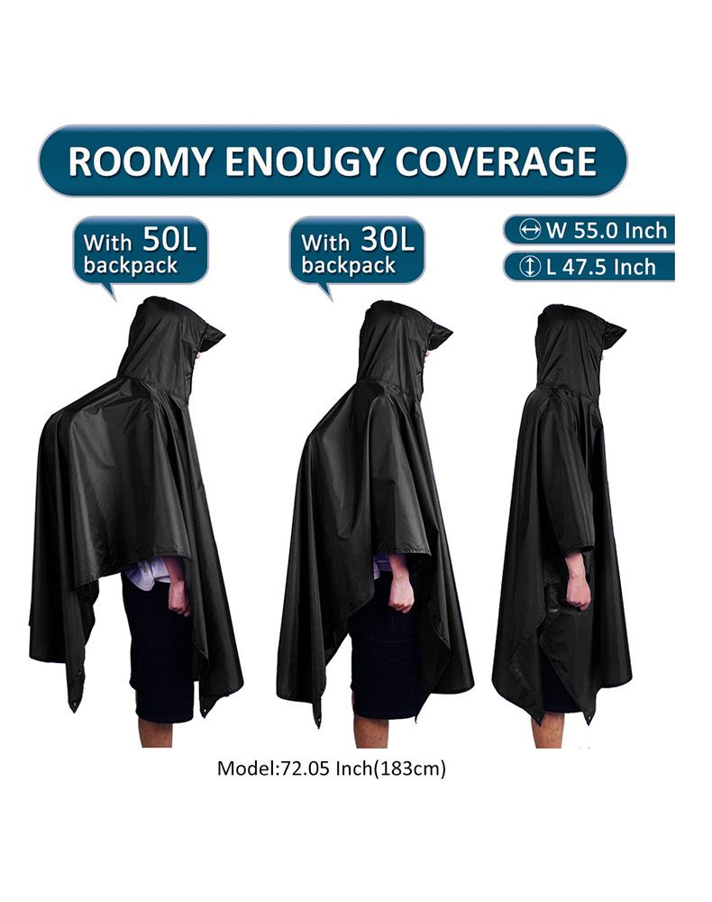 3-in-1 Camping Rain Poncho - Black