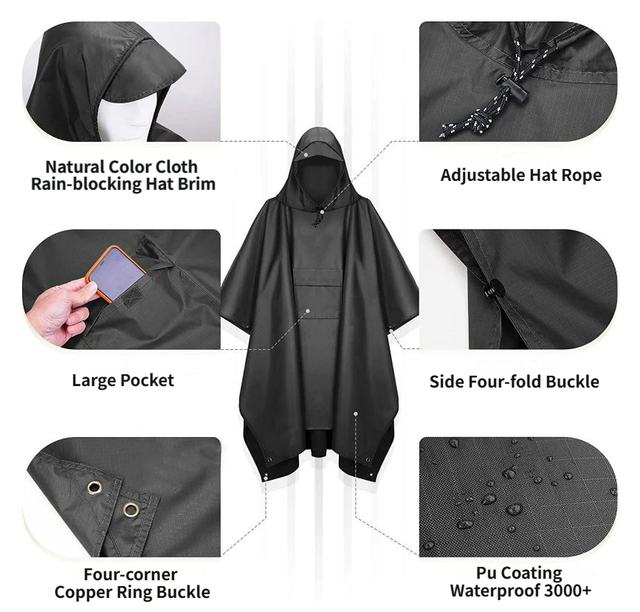 3-in-1 Camping Rain Poncho - Brown