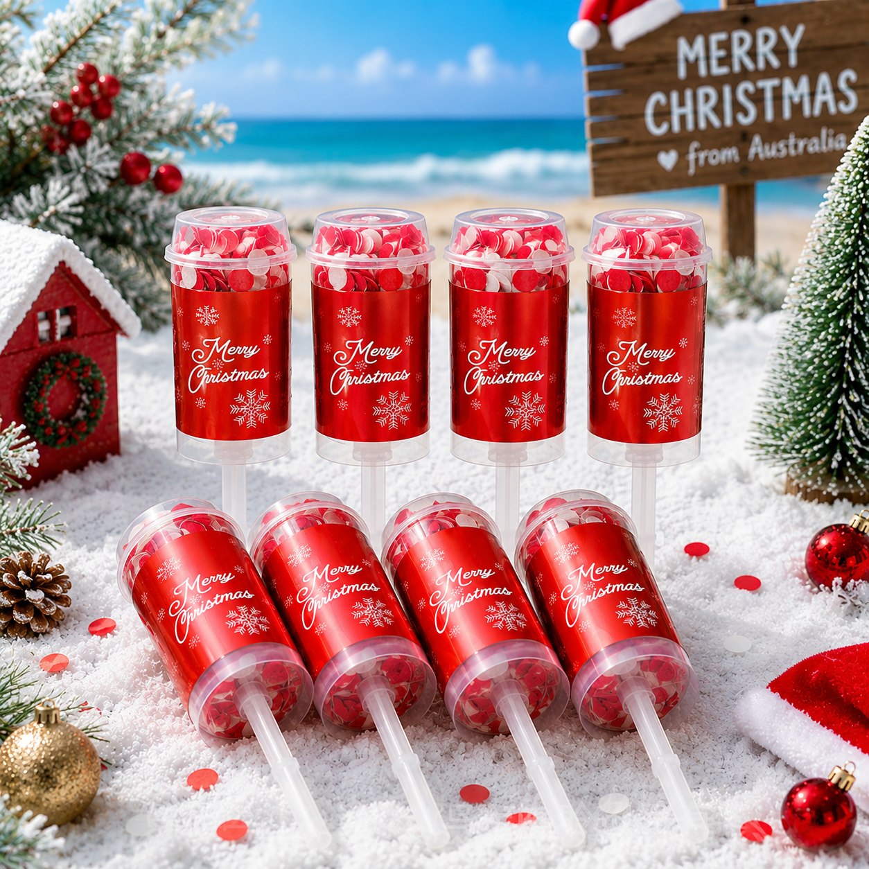 8-Pack Red Christmas Confetti Push Poppers