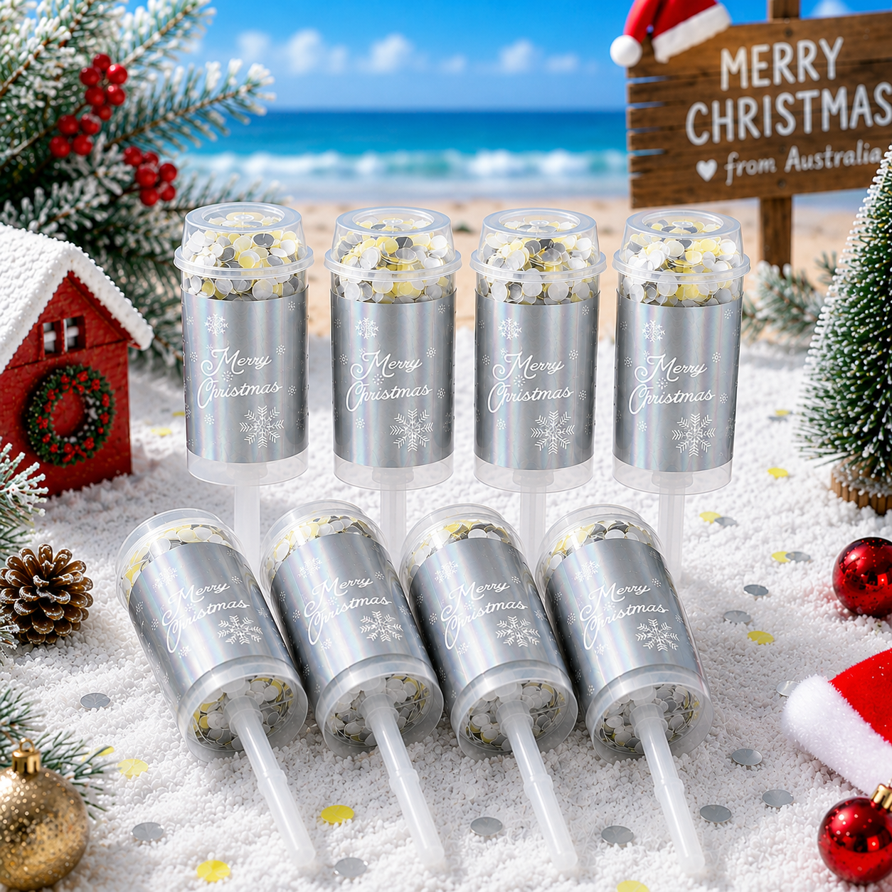 8-Pack Silver Christmas Confetti Push Poppers
