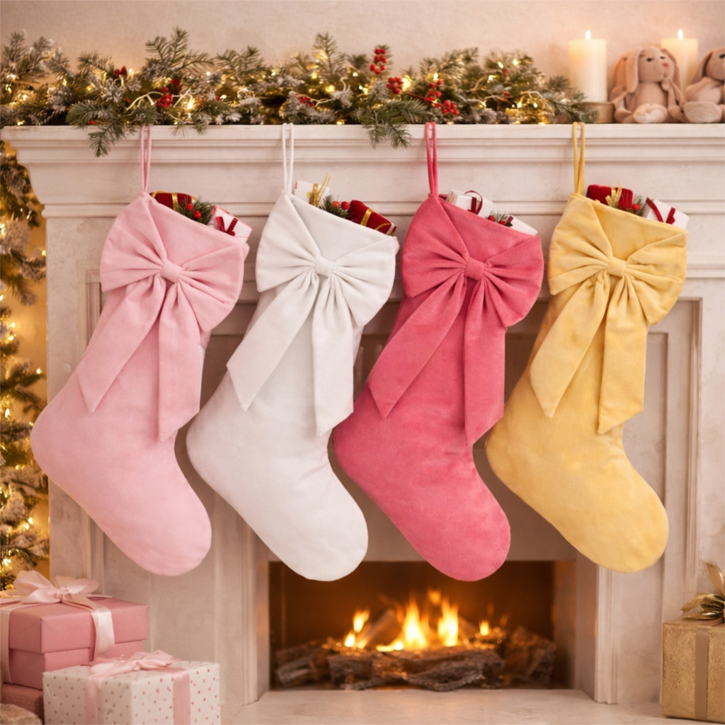 4-Pack Velvet Christmas Stockings - Pastel Colours