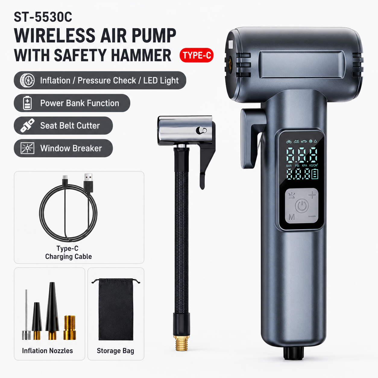 6-in-1 Portable Tyre Inflator & Emergency Tool