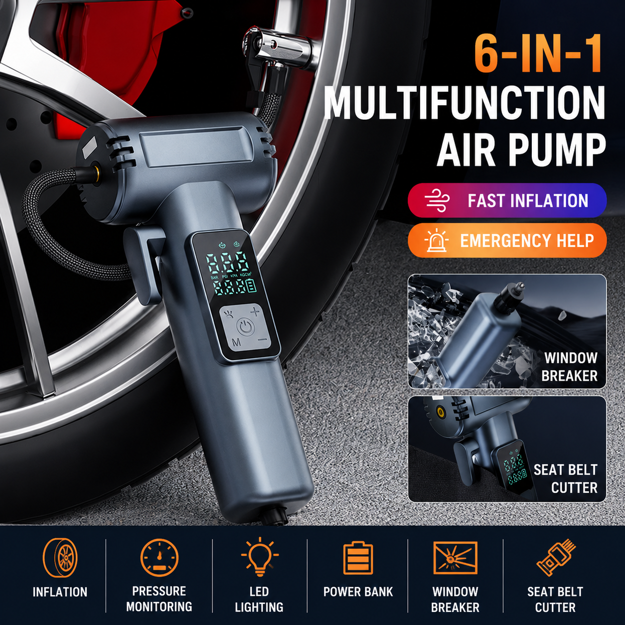 6-in-1 Portable Tyre Inflator & Emergency Tool