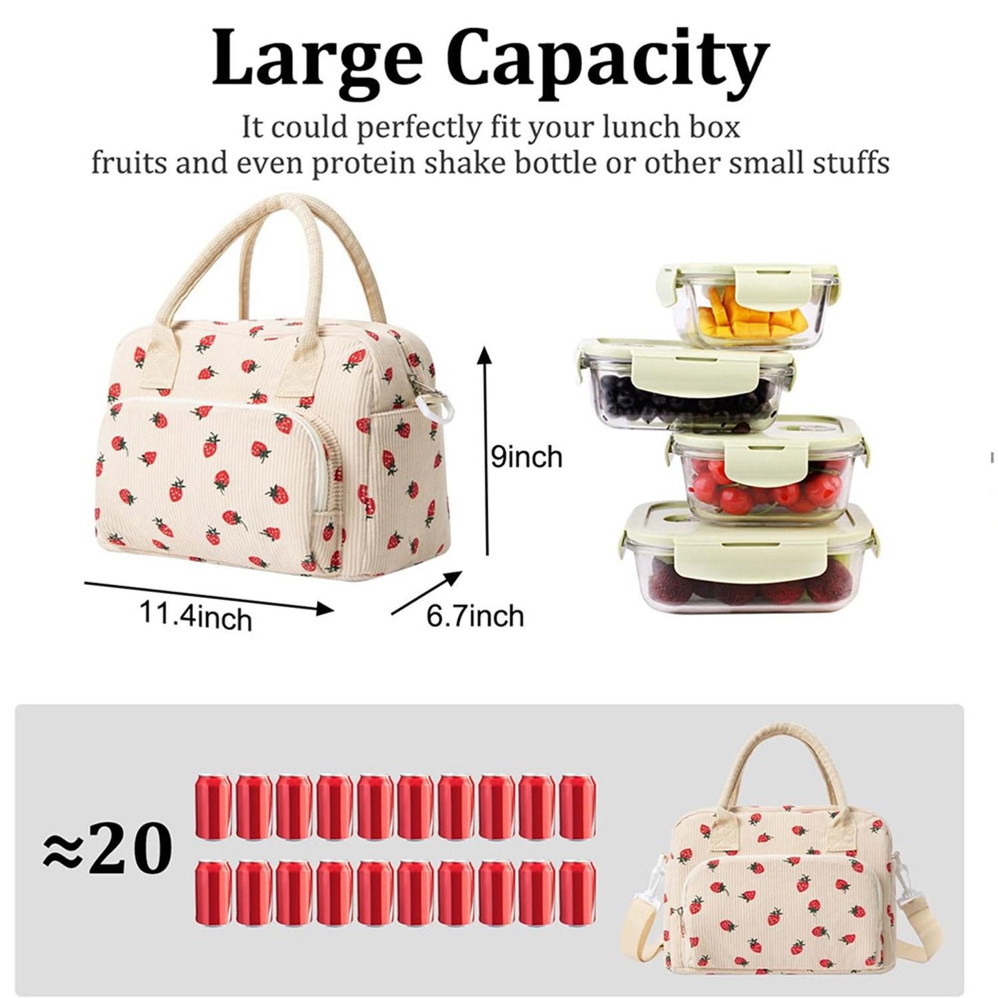 Corduroy Insulated Lunch Bag - Strawberry