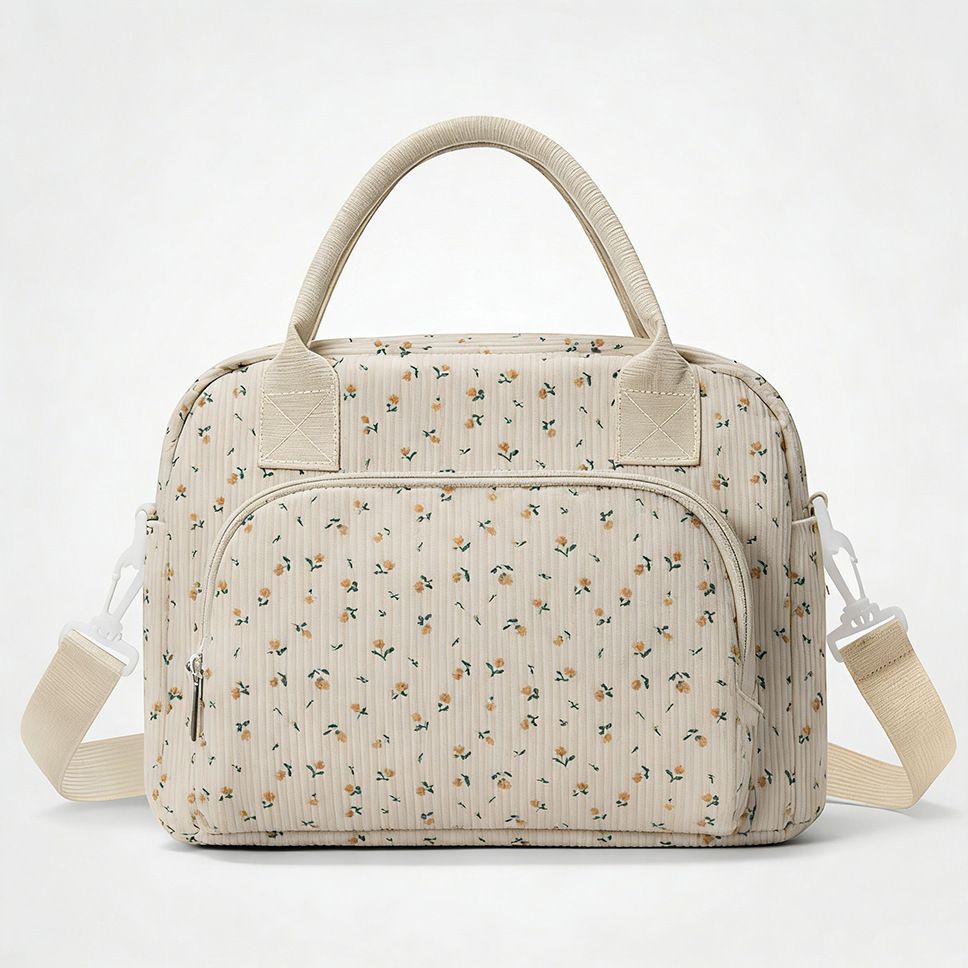 Corduroy Insulated Lunch Bag - Beige Floral