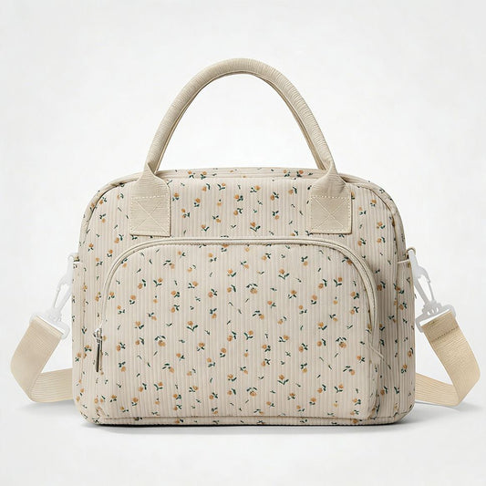 Corduroy Insulated Lunch Bag - Beige Floral