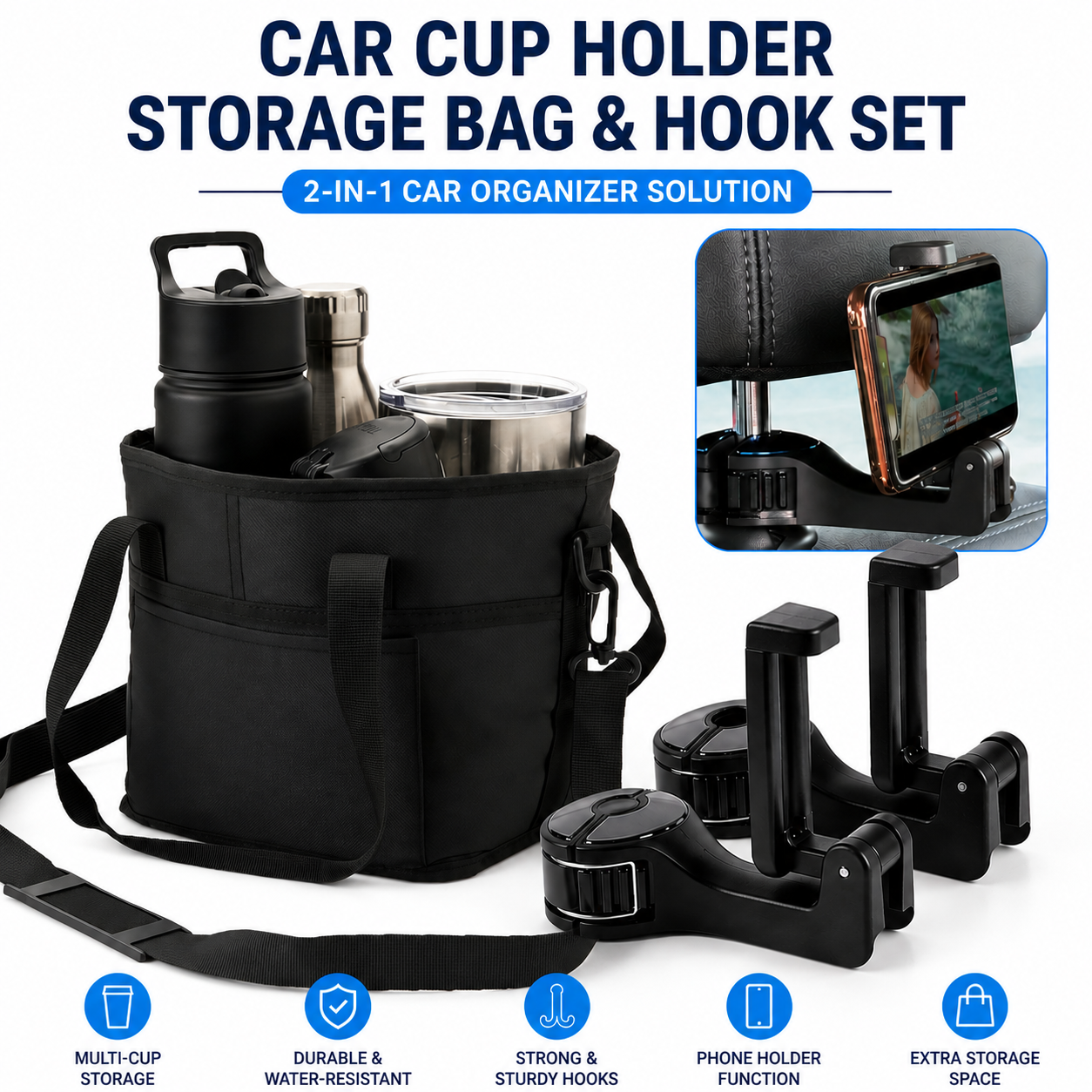 Car Drink Carrier & Headrest Phone Holder Set