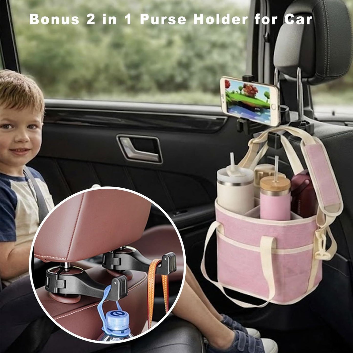 Car Drink Carrier & Headrest Phone Holder Set
