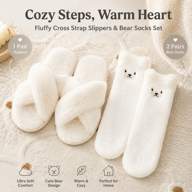 Women's Plush Slippers & Socks Set - L