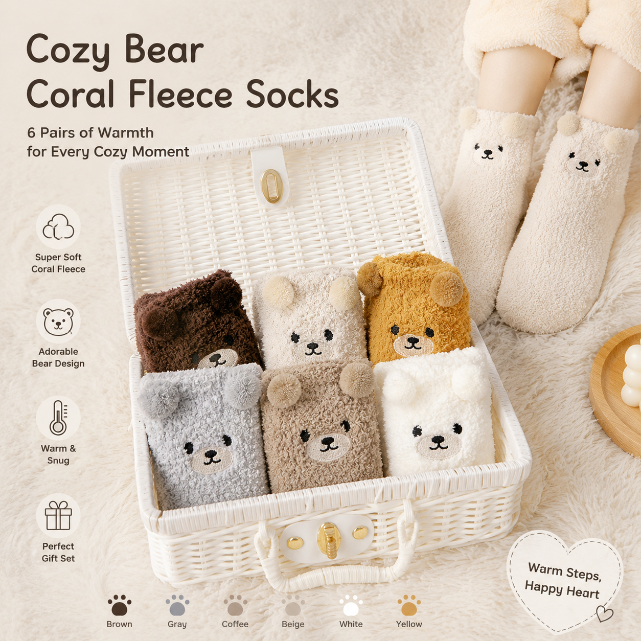 Teddy Bear Fuzzy Crew Socks 6 Pack