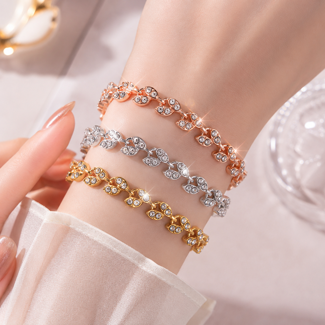 Women's Crystal Leaf Bracelets 3 Pack