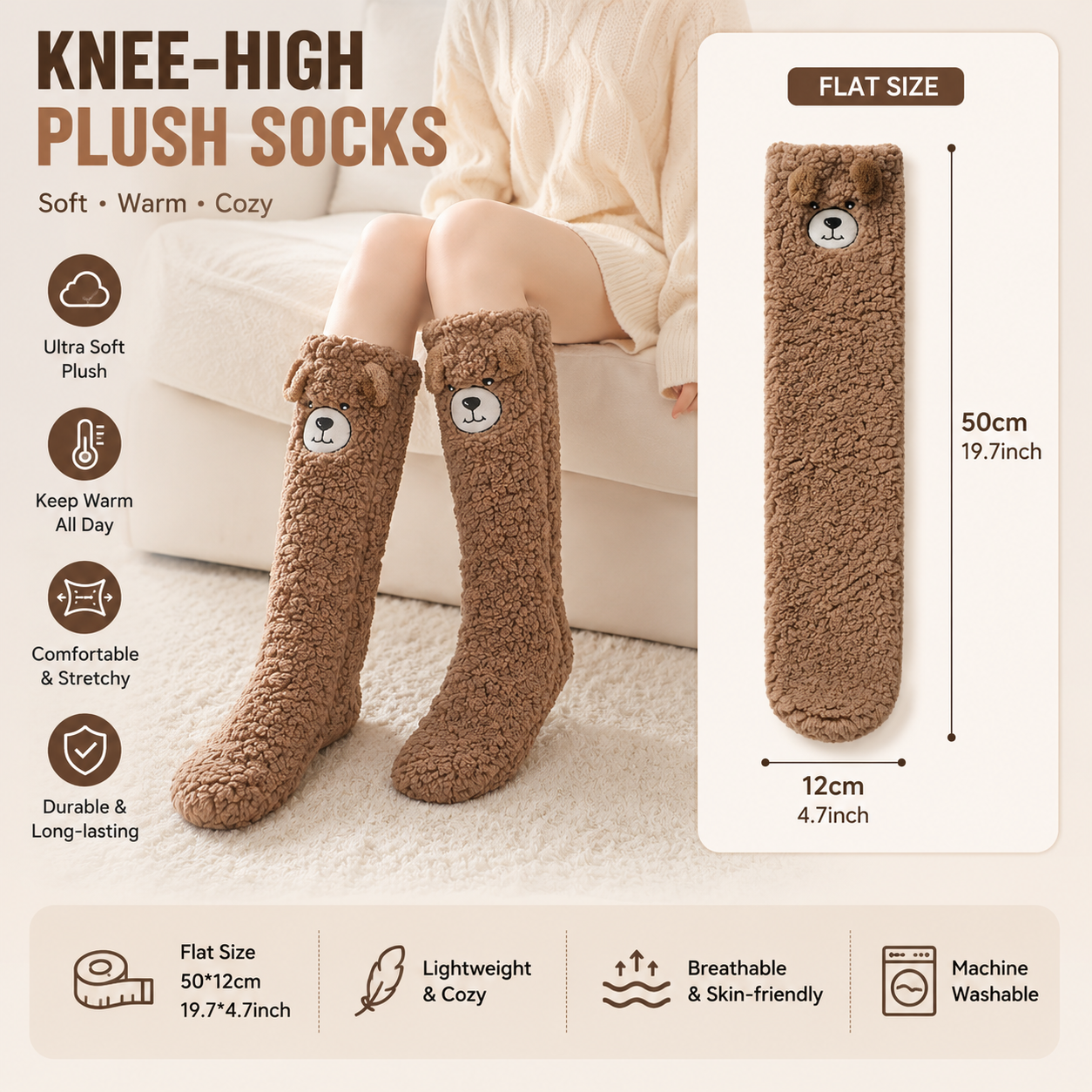 Women's Bear Plush Knee High Socks - Coffee