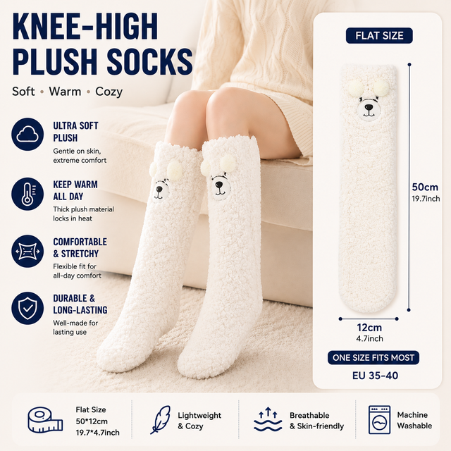 Women's Bear Plush Knee High Socks - White