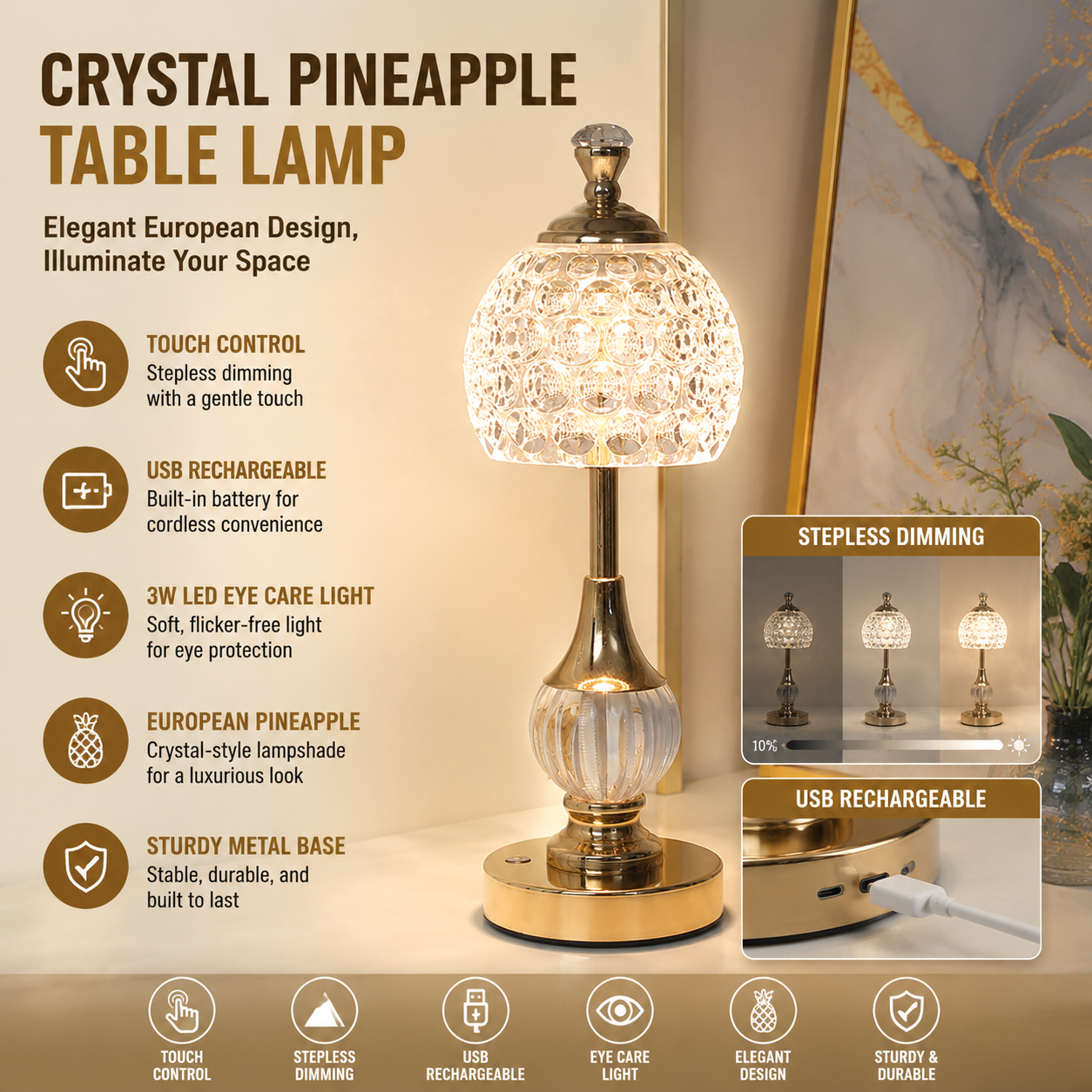 Crystal Touch Table Lamp with USB - Gold
