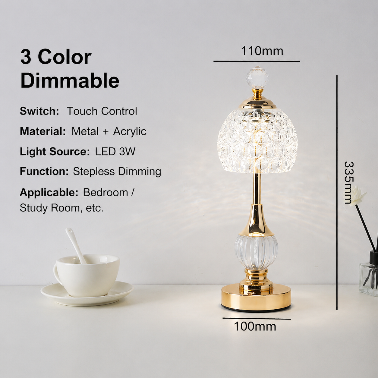 Crystal Touch Table Lamp with USB - Gold