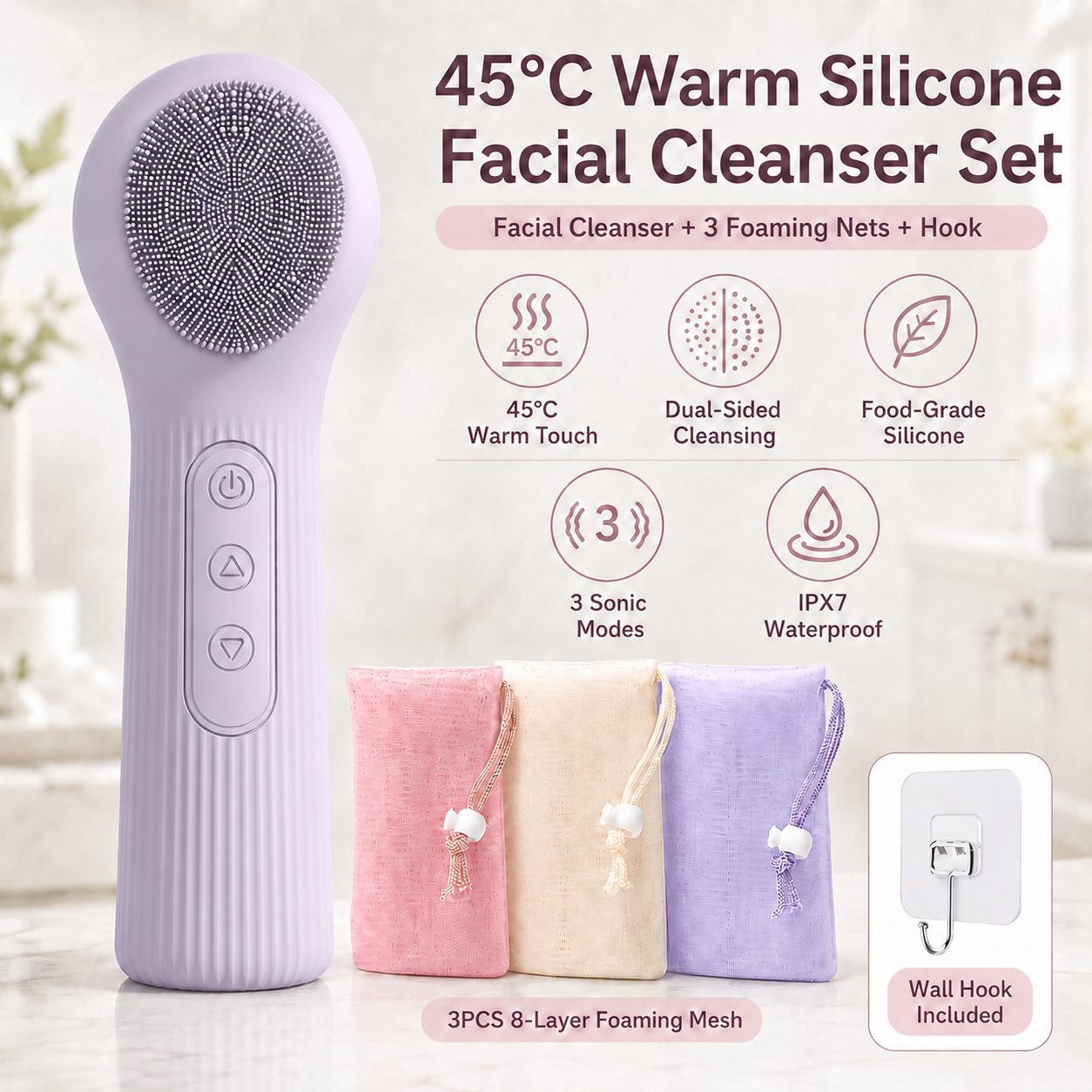 45°C Heated Facial Cleansing Brush - Purple