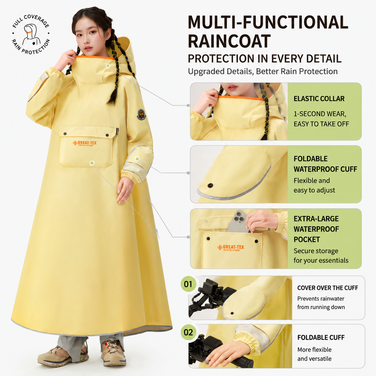 Purple Full Coverage & Extended Cycling Hooded Rain Poncho with Detachable Shoe Covers, M Size – Thickened Waterproof Oxford Motorcycle Raincoat with Face-Protection Elastic Collar, Large Storage Pocket and Foldable Sleeve Cover for Men Women Outdoor Use