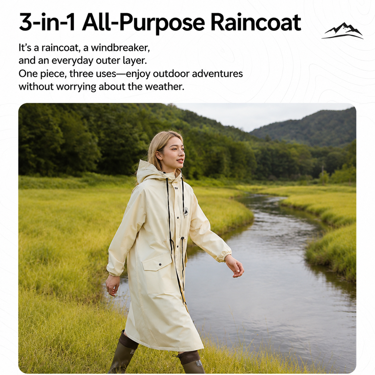 White Full-Cover Hooded EVA Raincoat, Long Trench Coat Waterproof Rain Poncho with Adjustable Waist & Collar Drawstring, Zipper & Snap Windproof Closure, Extended Clear Brim and Covered Pockets for Dailywear Cycling Hiking Camping Use, M Size