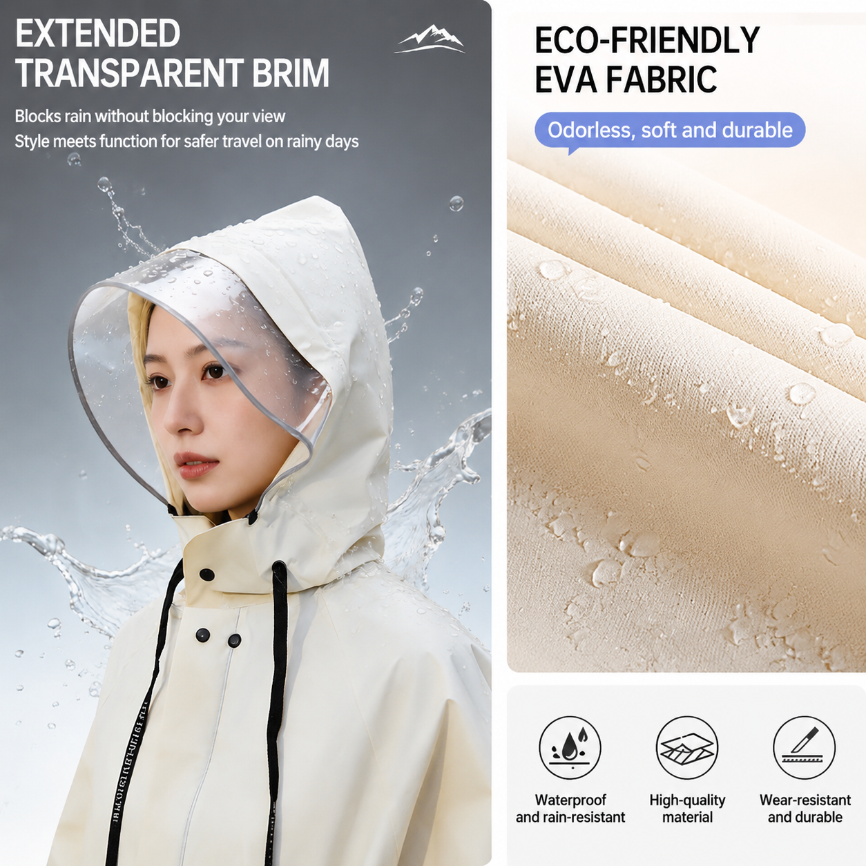 White Full-Cover Hooded EVA Raincoat, Long Trench Coat Waterproof Rain Poncho with Adjustable Waist & Collar Drawstring, Zipper & Snap Windproof Closure, Extended Clear Brim and Covered Pockets for Dailywear Cycling Hiking Camping Use, L Size