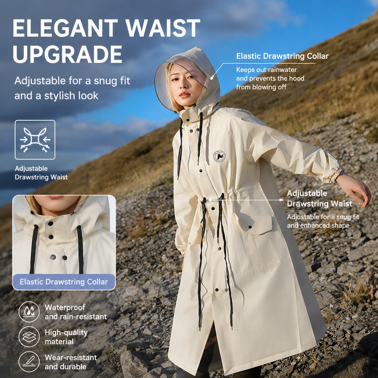 Green Full-Cover Hooded EVA Raincoat, Long Trench Coat Waterproof Windproof Rain Poncho with Adjustable Waist & Collar Drawstring, Extended Clear Brim and Covered Pockets for Dailywear Cycling Hiking Camping Use, M Size