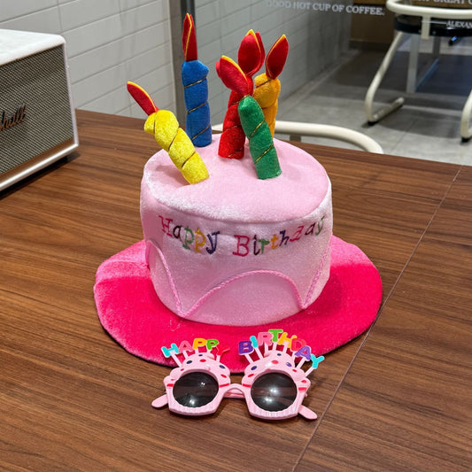 2-piece Pink Plush Birthday Cake Hat Set , Fun Photo Prop for Adults and Kids