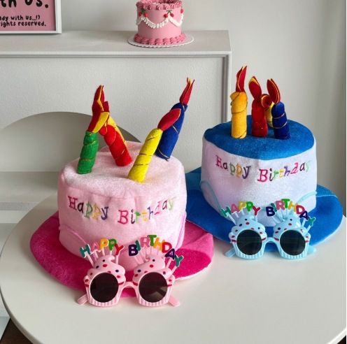 2-Piece Pink Plush Birthday Cake Hat Set, Fun Photo Prop