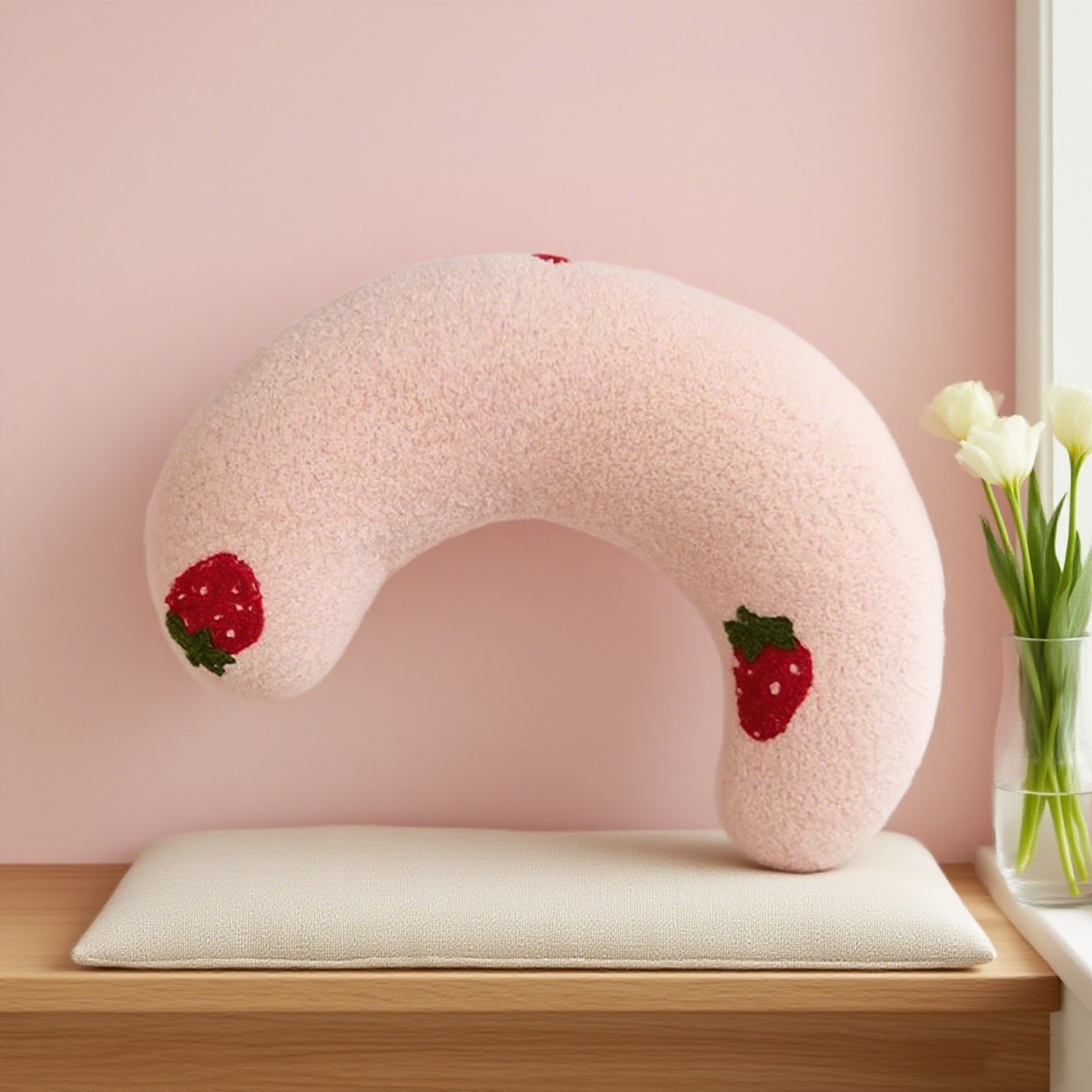 Pink Pet U-Shaped Pillow - Soft Teddy Velvet Neck Support Cushion for Dogs and Cats, Deep Sleep Aid with Embroidered Design