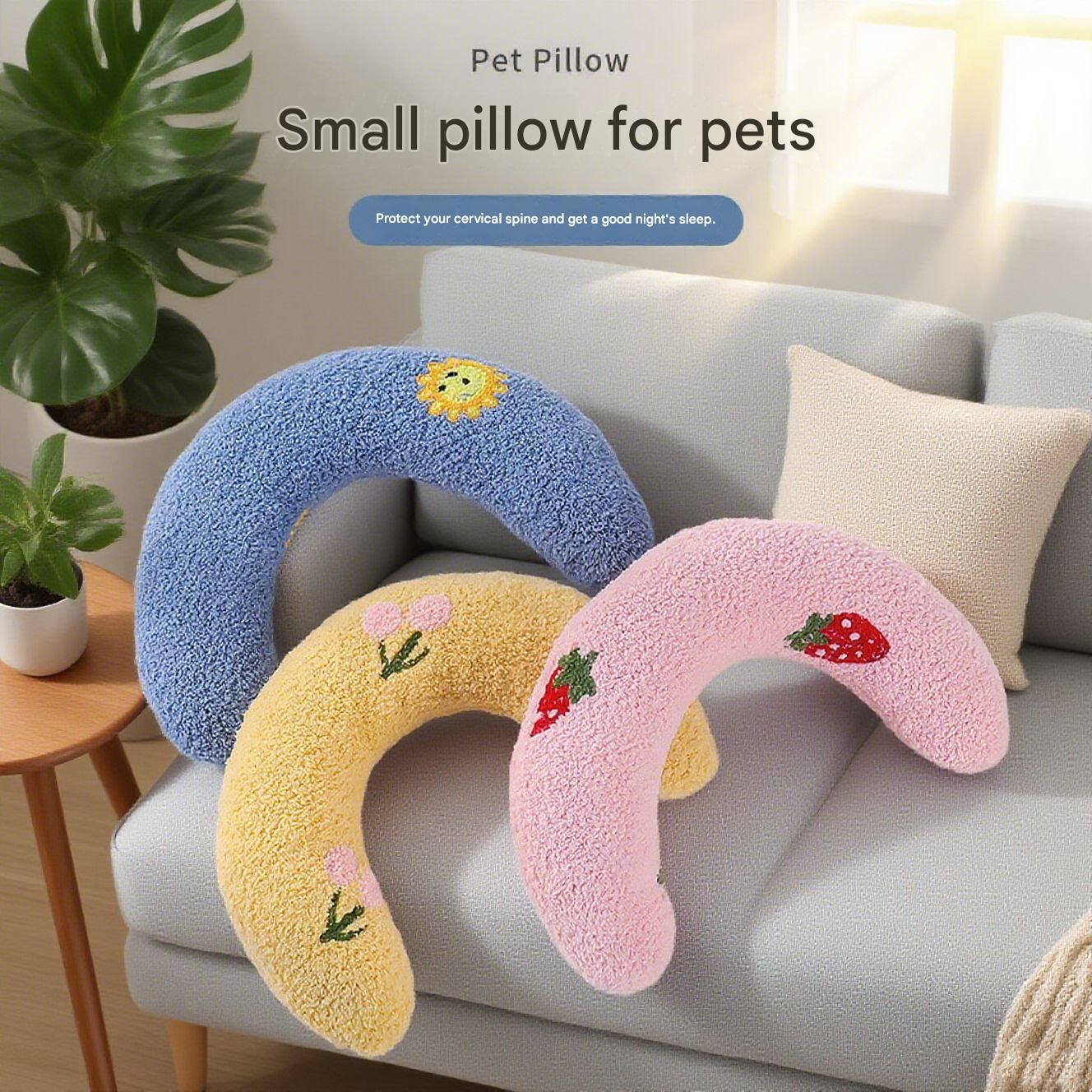 Pink Pet U-Shaped Pillow - Soft Teddy Velvet Neck Support Cushion for Dogs and Cats, Deep Sleep Aid with Embroidered Design