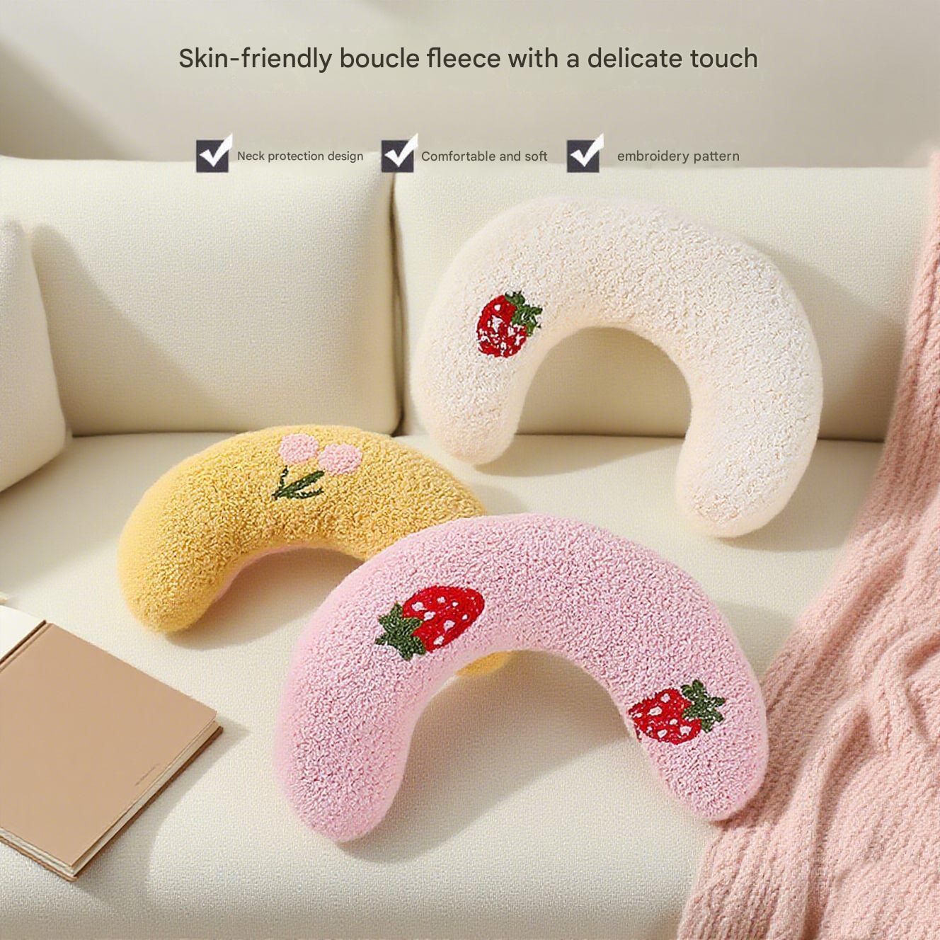 Pink Pet U-Shaped Pillow - Soft Teddy Velvet Neck Support Cushion for Dogs and Cats, Deep Sleep Aid with Embroidered Design