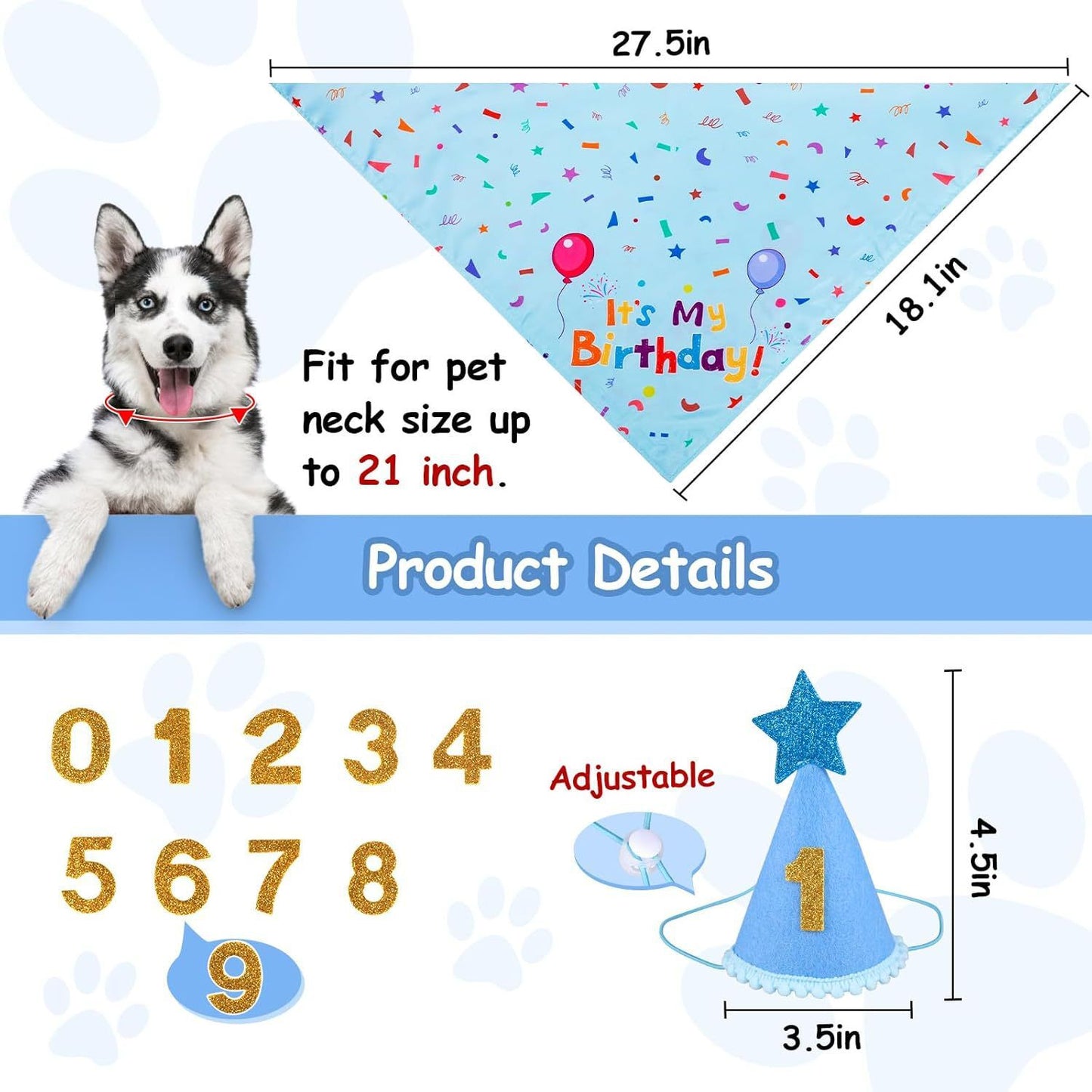 Blue Pet Birthday Bandana and Hat Set for Photo Props and Celebration