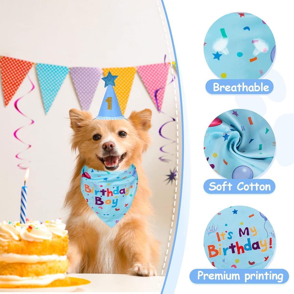 Blue Pet Birthday Bandana and Hat Set for Photo Props and Celebration