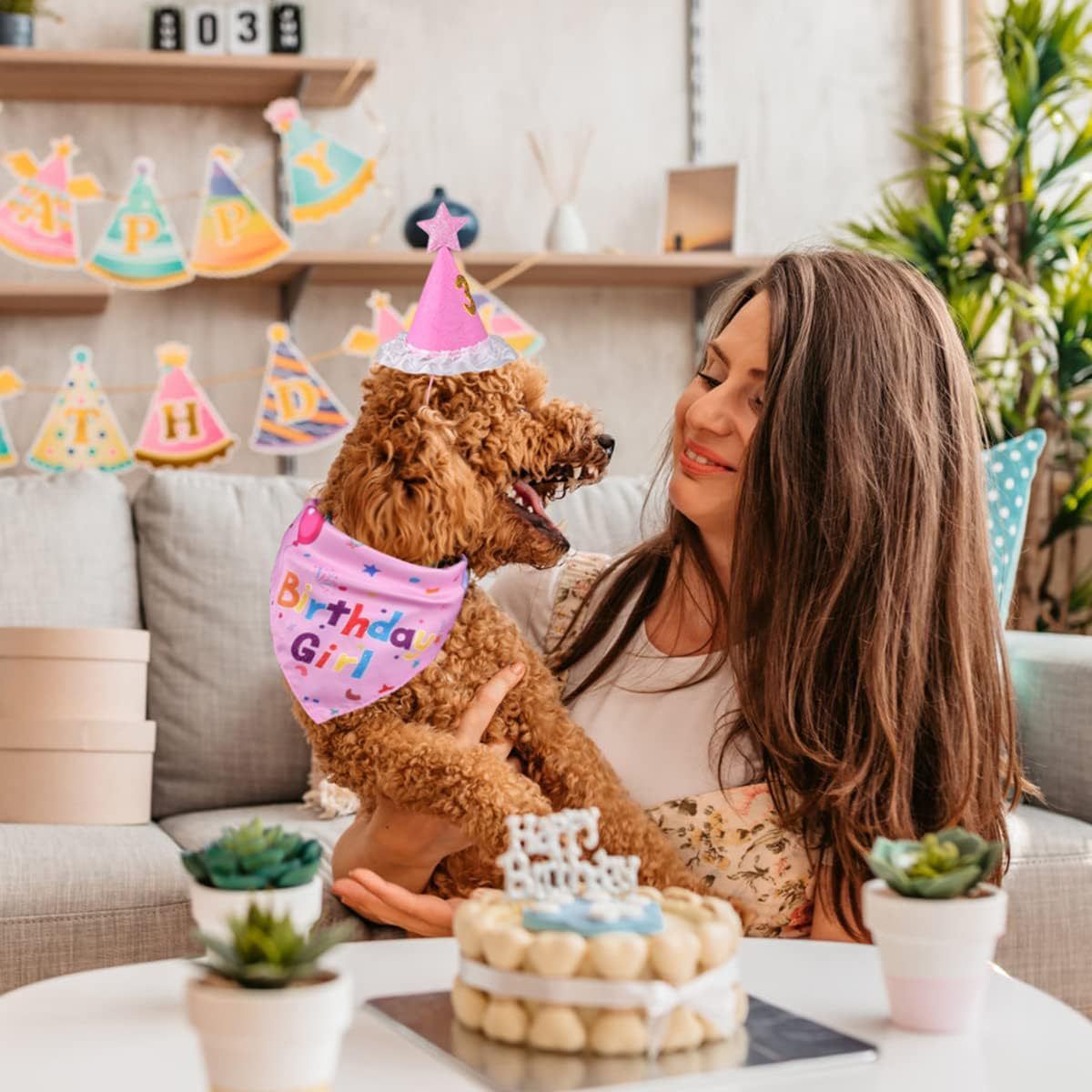 Pink Pet Birthday Bandana and Hat Set for Photo Props and Celebration