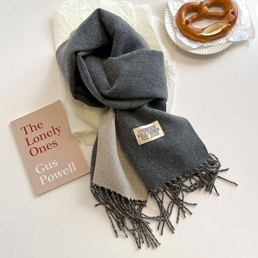 Dark Grey and Beige Double-Sided Reversible Imitation Cashmere Scarf for Women