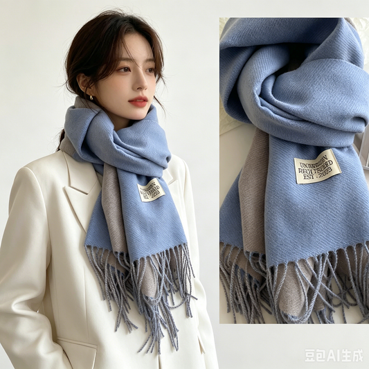 Blue and Grey Double-Sided Reversible Imitation Cashmere Scarf for Women